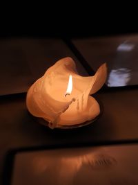 Close-up of lit candle on table in darkroom