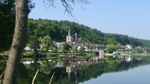 Reflection of trees in lake against sky