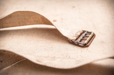 Close up of belt on antique suitcase