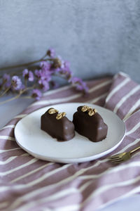 Close-up of dessert in plate on table