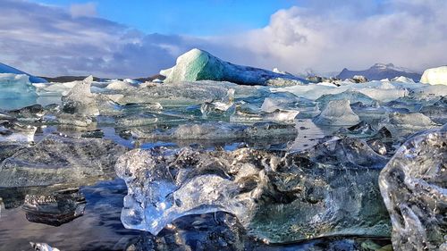 Aerial view of frozen lake against sky