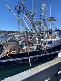 View of fishing boats moored at harbor