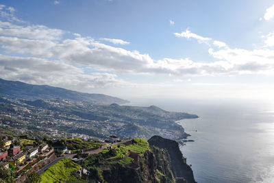 High angle view of sea and mountains against sky