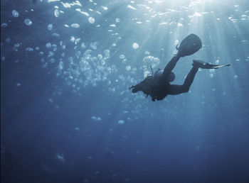 Low angle view of silhouette man swimming in sea