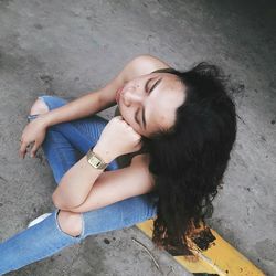 High angle portrait of woman lying down