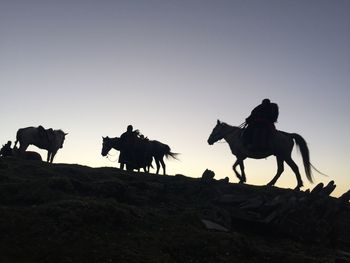 Silhouette people riding horse on land against sky