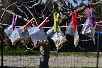 Close-up of cupcakes hanging on fence