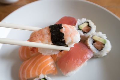 Close-up of sushi served in plate