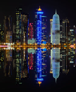 Illuminated buildings in city at night