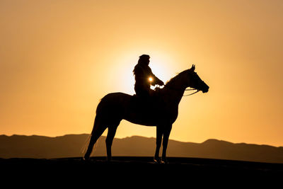 Silhouette horse on field against sky during sunset