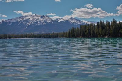 Scenic view of lake and mountains against sky