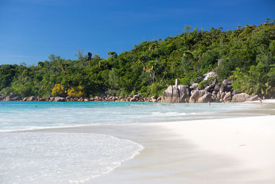 Scenic view of beach against clear blue sky