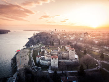 High angle view of cityscape during sunset