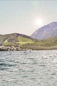 Scenic view of sea and mountain against sky