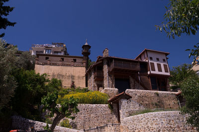 Low angle view of building against clear blue sky