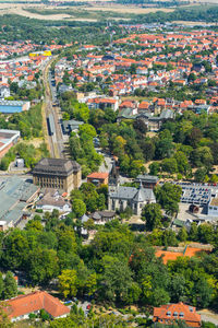 High angle view of buildings in city, benneckenrode, harz, germany