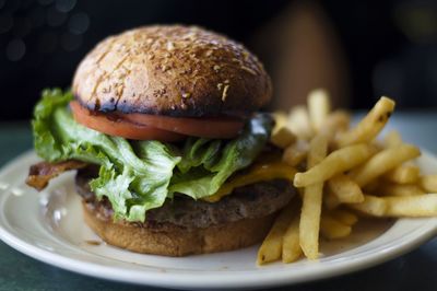 Close-up of burger with french fries served in plate