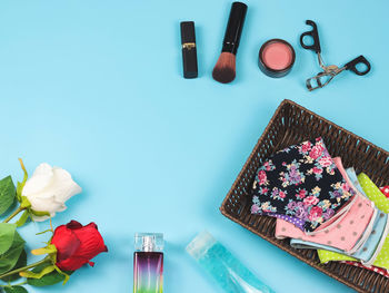 High angle view of various flowers on table