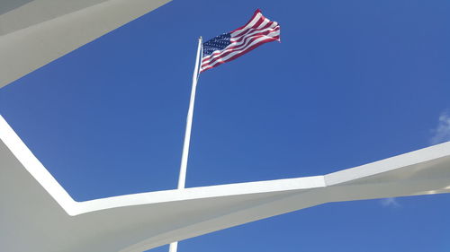 Low angle view of flags against clear blue sky