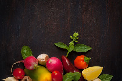 Directly above shot of vegetables on wooden table