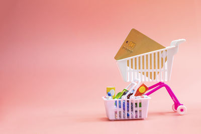 High angle view of multi colored toys on table