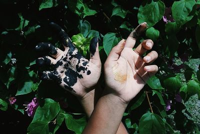 Cropped image of messy hands by plants