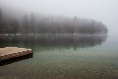 Scenic view of lake against sky during foggy weather