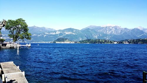 High angle view of lake against mountains and clear sky