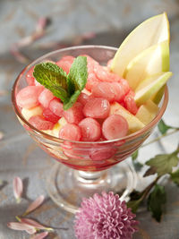 Close-up of strawberries in glass on table