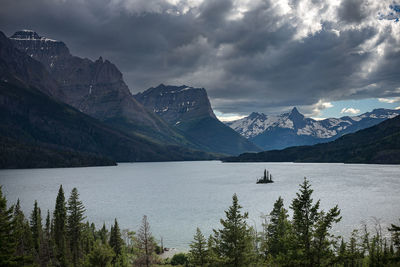 Scenic view of lake by mountains against sky