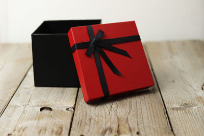 Close-up of red box on table