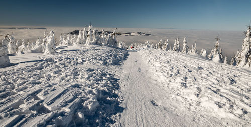 Panoramic view of snow covered landscape against sky