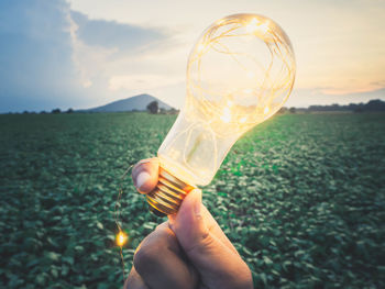 Cropped hand holding light bulb on landscape against sky