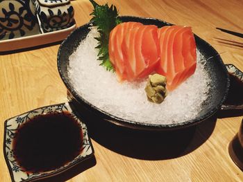 High angle view of sushi in plate on table