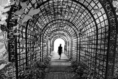Silhouette of person walking in tunnel