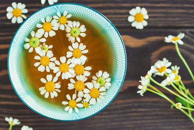 Directly above shot of herbal tea with flowers in cup on table