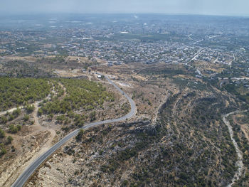High angle view of road along cityscape