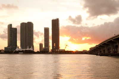 River by city against sky during sunset