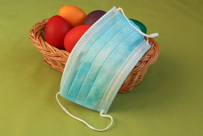 High angle view of wicker basket on table