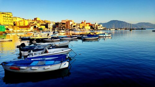 Boats moored at harbor