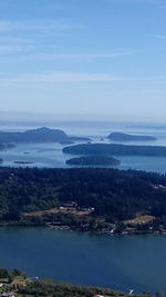 High angle view of bay against sky