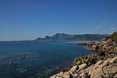 Scenic view of sea against clear blue sky