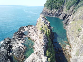 High angle view of rocks on sea against sky