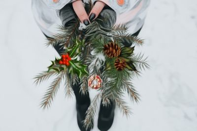 Low section of woman standing on plant during winter