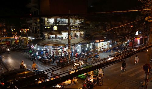 High angle view of city street at night