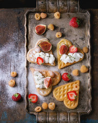 Directly above shot of dessert in tray on table