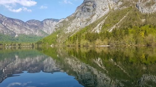 Scenic view of lake by mountains against sky