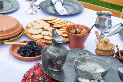 High angle view of breakfast on table