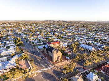 High angle view of townscape against clear sky