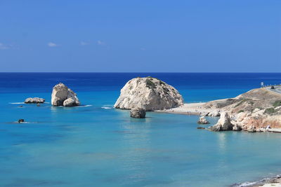 Panoramic view of sea against clear blue sky